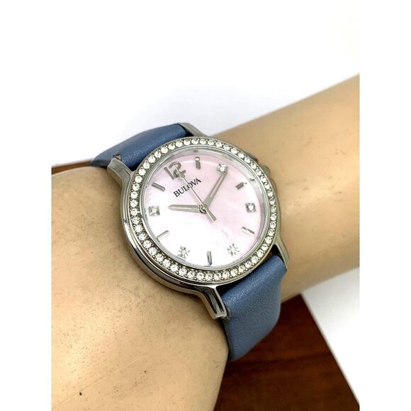 Bulova Women's Watch 96L254 Quartz Mother of Pearl Pink Dial Gemmed Leat… - Picture 5 of 13